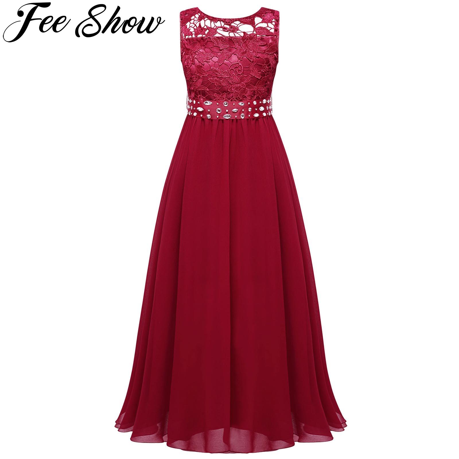 Kids Elegant Lace Flower Girls Dress Princess Birthday Party Wedding Bridesmaid Sleeveless Chiffon Summer Dress with Beaded Sash