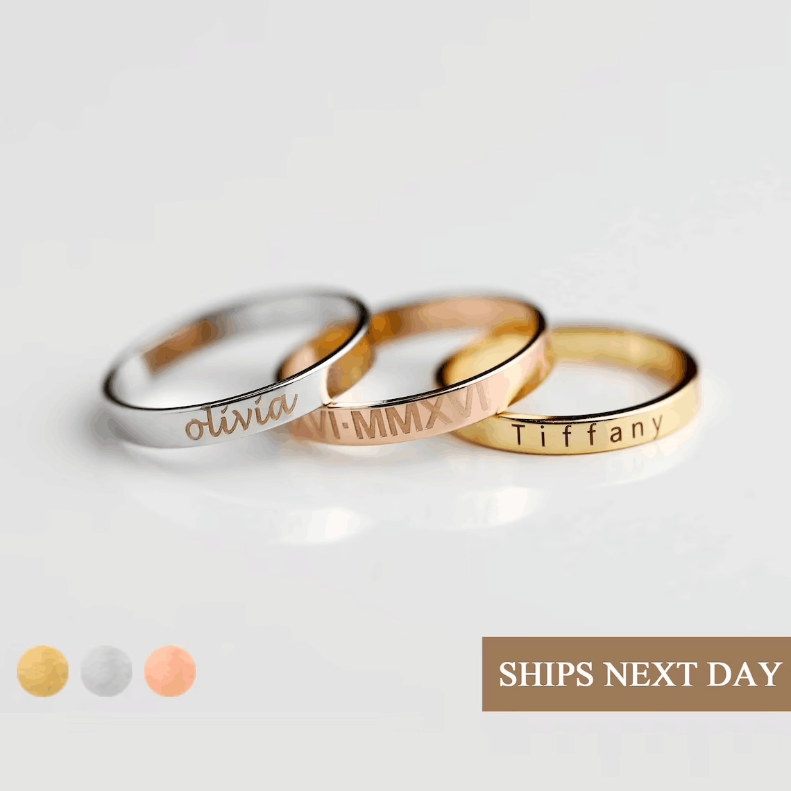 3mm Personalized Stacking Ring Custom Engraved Name Coordinate Initial Ring Stackable Gold Ring Mothers Jewelry Gift For Her