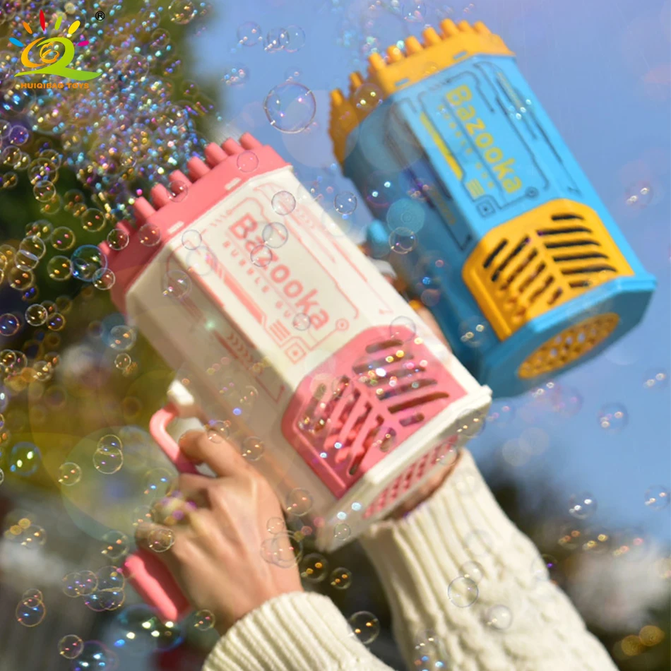HUIQIBAO Bazooka Bubble Gun Rocket 69 Holes Bubbles Machine Summer Automatic Soap Blower With Light