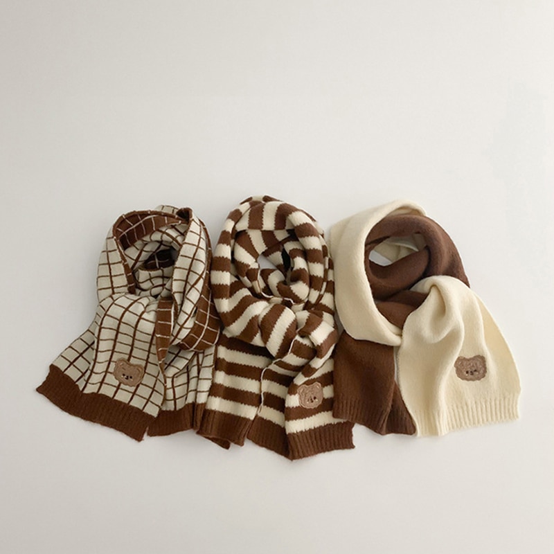 White Coffee Color Striped Plaid Cute Bear Scarf Kerchief Autumn Winter Wool Snood Collar Neck Gaiter Warmer for Kid Boys Girls