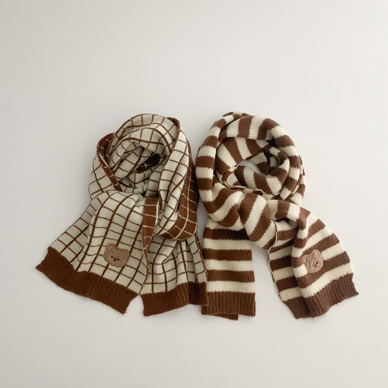 Autumn Winter Wool Snood Collar Neck Gaiter Warmer White Coffee Color Striped Plaid Cute Bear Scarf Kerchief for Kid Boys Girls