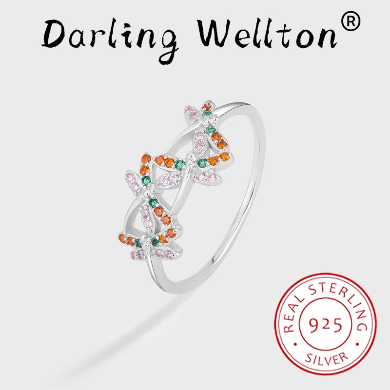 Creative Rainbow Hollow Flower Bee Butterfly Sapphire Full Diamond Couple Ring For Women 100% Sterling Silver Gift Party Jewelry