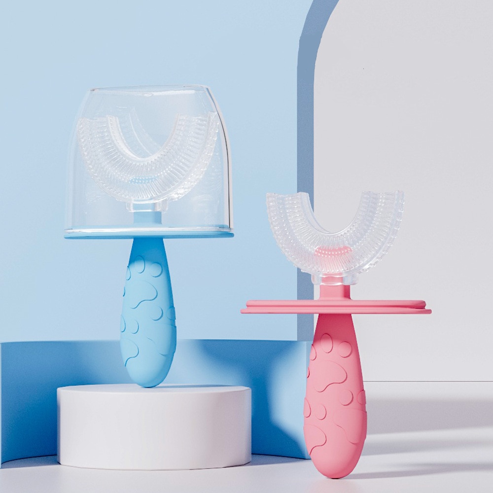 Kids U-shaped Toothbrush with Dust Cover Baby Liquid Silicone Toothbrush Mouth Containing Oral Cleaning Brush Tool 2-6 Years
