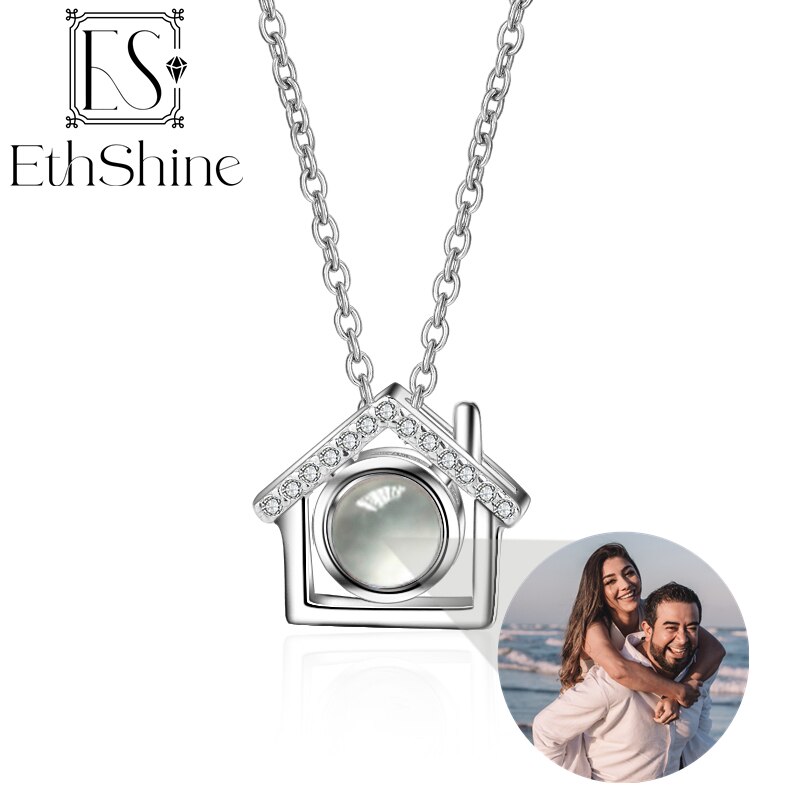 EthShine 925 Sterling Silver Personalized Custom Photo Projection Necklace Heart House Pendant Necklace for Women Jewelry Gifts
