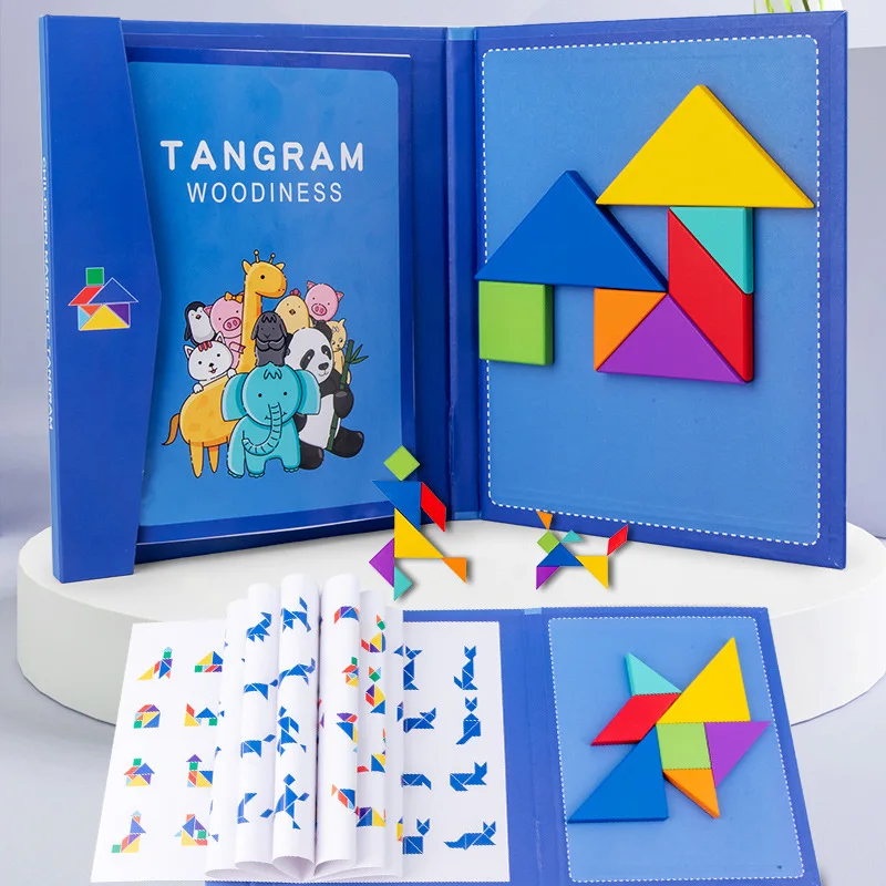 Magnetic Tangrams for Kids 7 Colored Pieces Puzzle Book Toys for Age 3+ Years Old Boys and