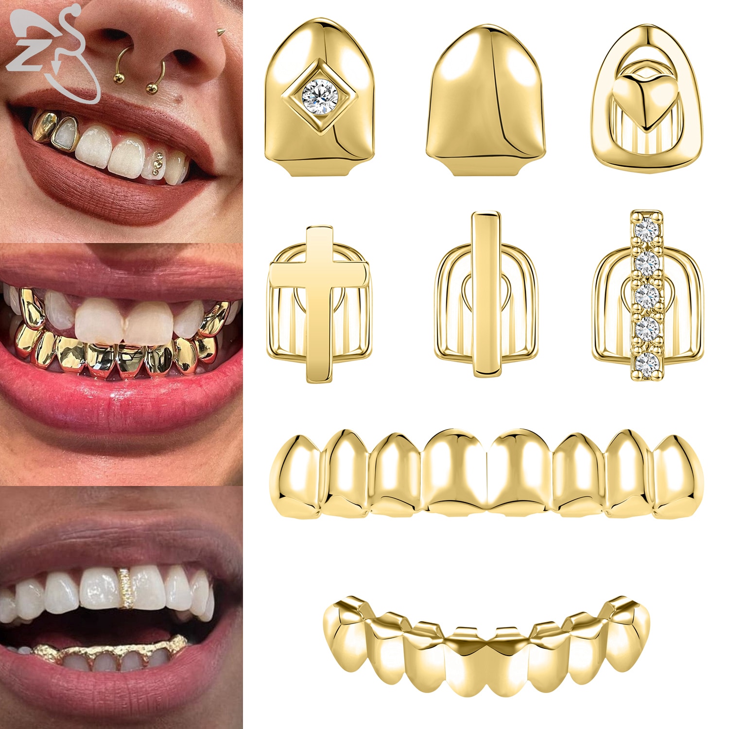 ZS 1-2 Pieces Hip Hop 18K Gold Plated Grillz Teeth Shiny CZ Crystal Cross Gap Grillz High Polish Finish Top & Bottom Tooth C