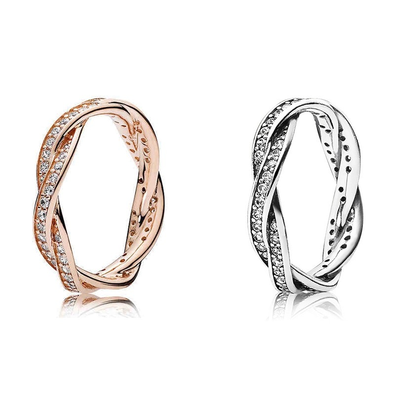 Authentic 925 Sterling Silver Sparkling Love Eternal Braided With Crystal Ring For Women Wedding Party Europe Fashion Jewelry