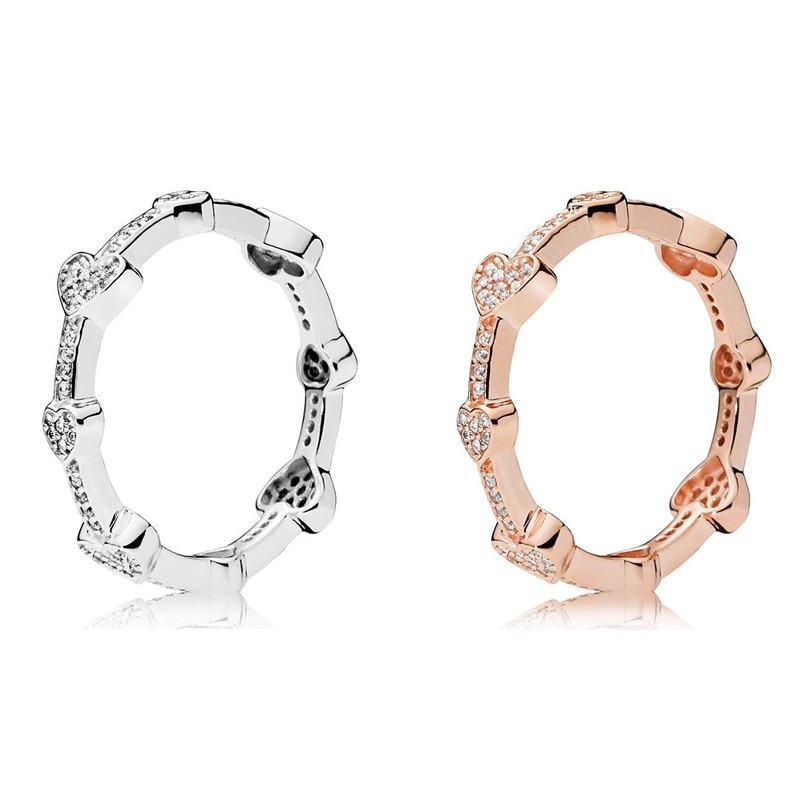 Authentic 925 Sterling Silver Sparkling Rose Alluring Hearts With Crystal Ring For Women Wedding Party Europe Fashion Jewelry