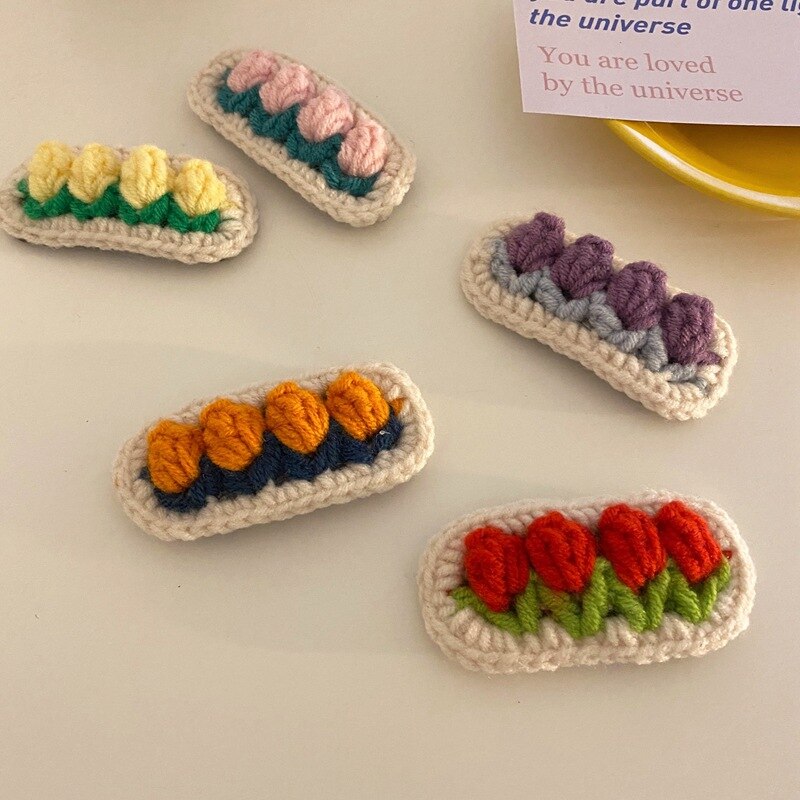 New Cute Tulip Floral Hair Clips Handmade Woolen Knit Barrettes for Children Bangs Headwear Girls Kids Hair Accessories