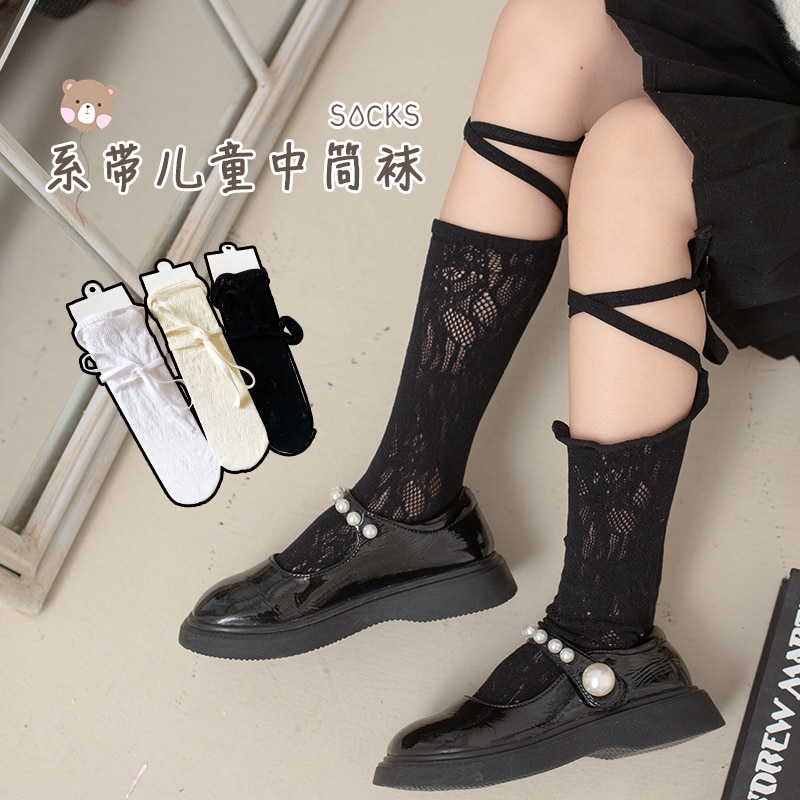 Princess kawaii girls Embroidery floret mesh Bandage long socks baby kids Lolita geometry Hollow-out over the knee high socks