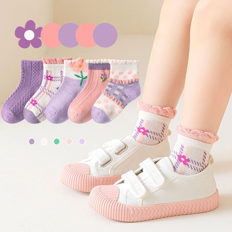 5 Pairs/Lot 2023 Summer Children Cotton Socks Fashion Mesh Cartoon For Spring New 1-12 Year Student Teen Baby Girl Boy Kids Sock