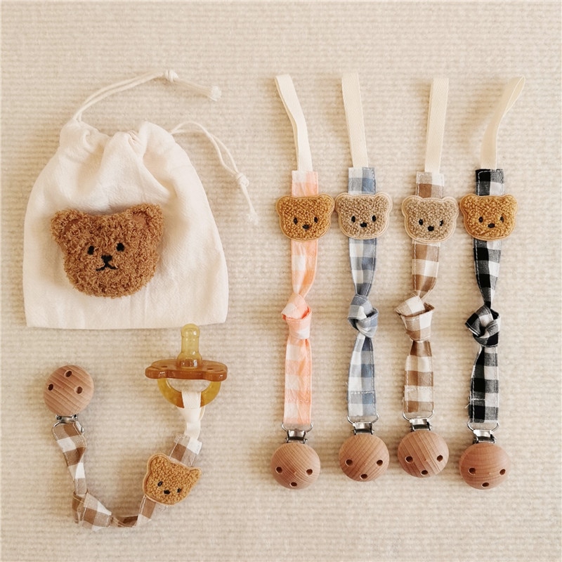 Cloth Cute Bear Baby Pacifier Clip Chain Plaid Newborn Pacifiers Clips Infant Dummy Holder Teething Toys Toddler Nipple Chains