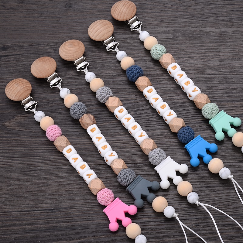Custom Personalized Baby Pacifier Clip Handmade Beech Wood Chain Silicone Crown Holder Soother Chain Baby Chew Gift Teething Toy