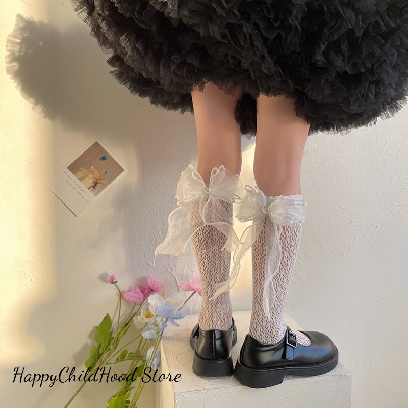 Baby Girl Knee High Sock Retro Lace Bow Calf Sock for Kid Summer Mesh Breathable Sock for Children Lovely Sock for 1-13 Year