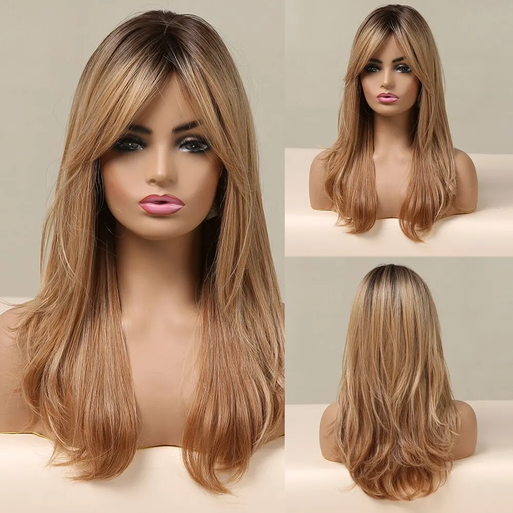 Blonde Wigs for White Women Long Layered Wig With Dark Roots Hair Replacement Heat Resistant Fiber