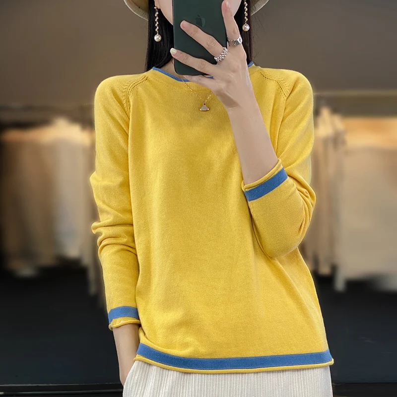 100% Cotton Knitwear Women's Round Neck Sweater Spring And Summer New Loose Color Matching Cotton