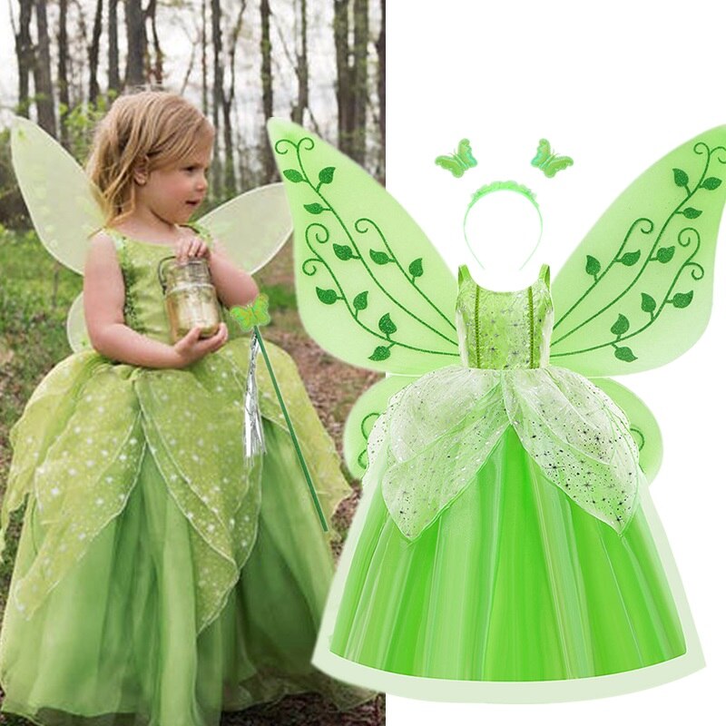 Fairy Flower Girls Costume Green Elf Halloween Cosplay Party Princess Dress Up Carnival Girls Birthday Fancy Butterfly Dresses