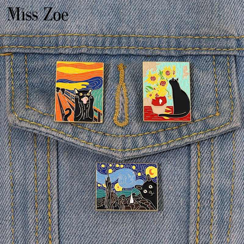 Cats in Oil Painting Enamel Pin Custom Funny Black Kitten Sunflower Brooch Lapel Badge Animal