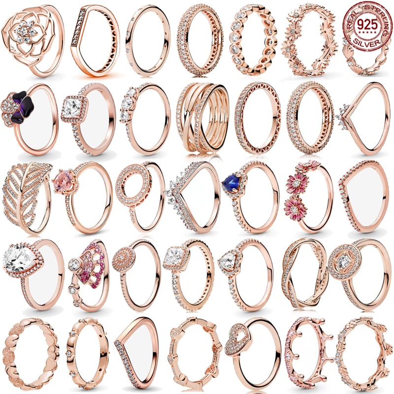New 925 Sterling Silver Rose Gold Series Delicate Shiny Heart Droplet Rose Daisy Crown Charm Ring Women's Jewelry Gift
