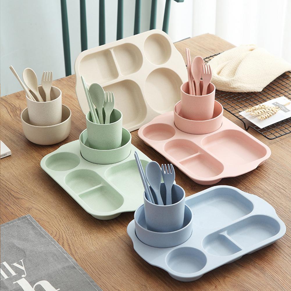 1 Set Baby Cutlery with Fork Spoon Chopstick Feed Care PP Material Grid Rectangle Kid's Dinner Plate Home Accessories
