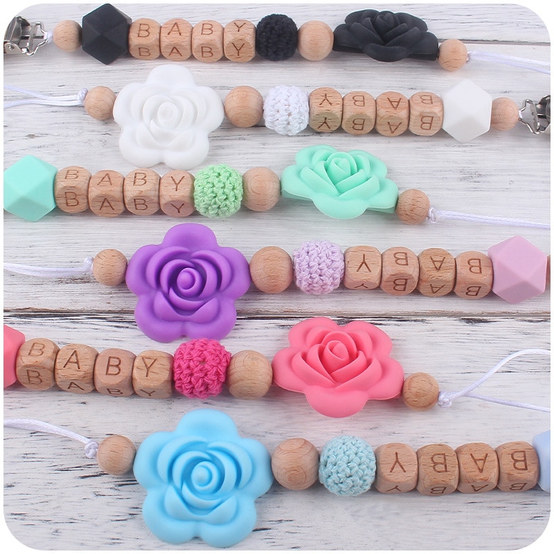 Beech Wood Chew Bead Pacifier Clips Dummy Chain Holder Newborn Soother Chains Nipple Holder For Babies Teething Toy Baby Chew