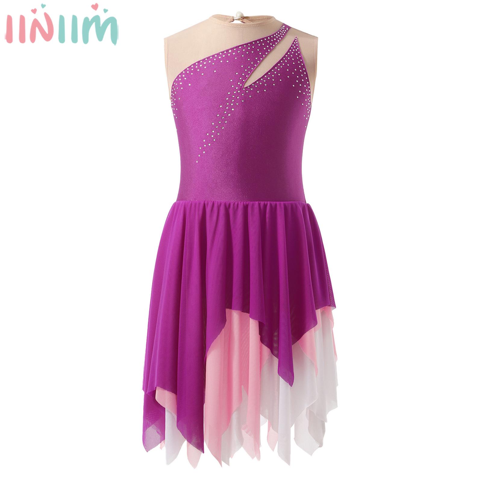 6-16Y Girls Figure Skating Dress Lyrical Dance Ballet Gymnastics Leotard Tutu Dancewear Shiny Rhinestone Irregular Hem Dresses