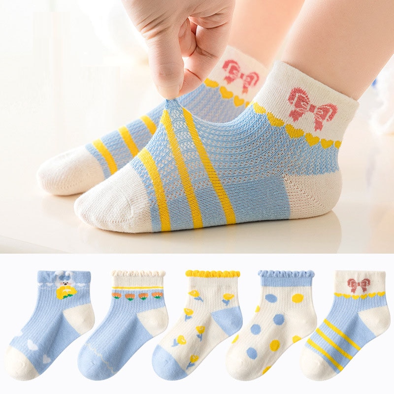 5 Pairs/Lot Summer Children Cotton Socks Boy Girl Teen Student Baby Cartoon Fashion Mesh For 2023 Spring New 1-12 Year Kids Sock