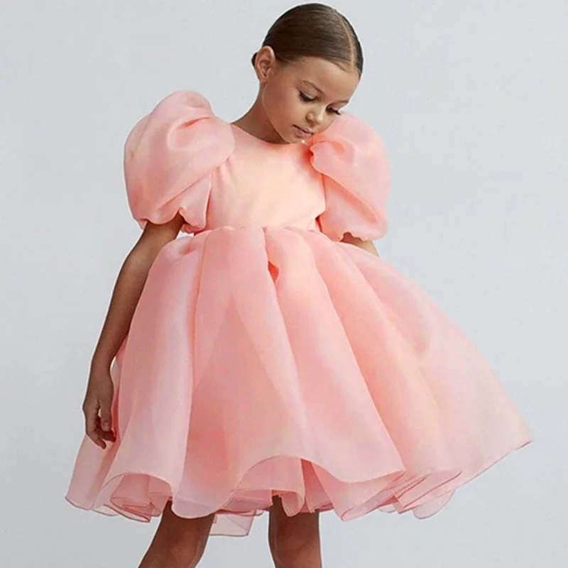 Fashion Girl White Princess Dress Tulle Puff Sleeve Wedding Party Kids Dresses for Girls Birthday