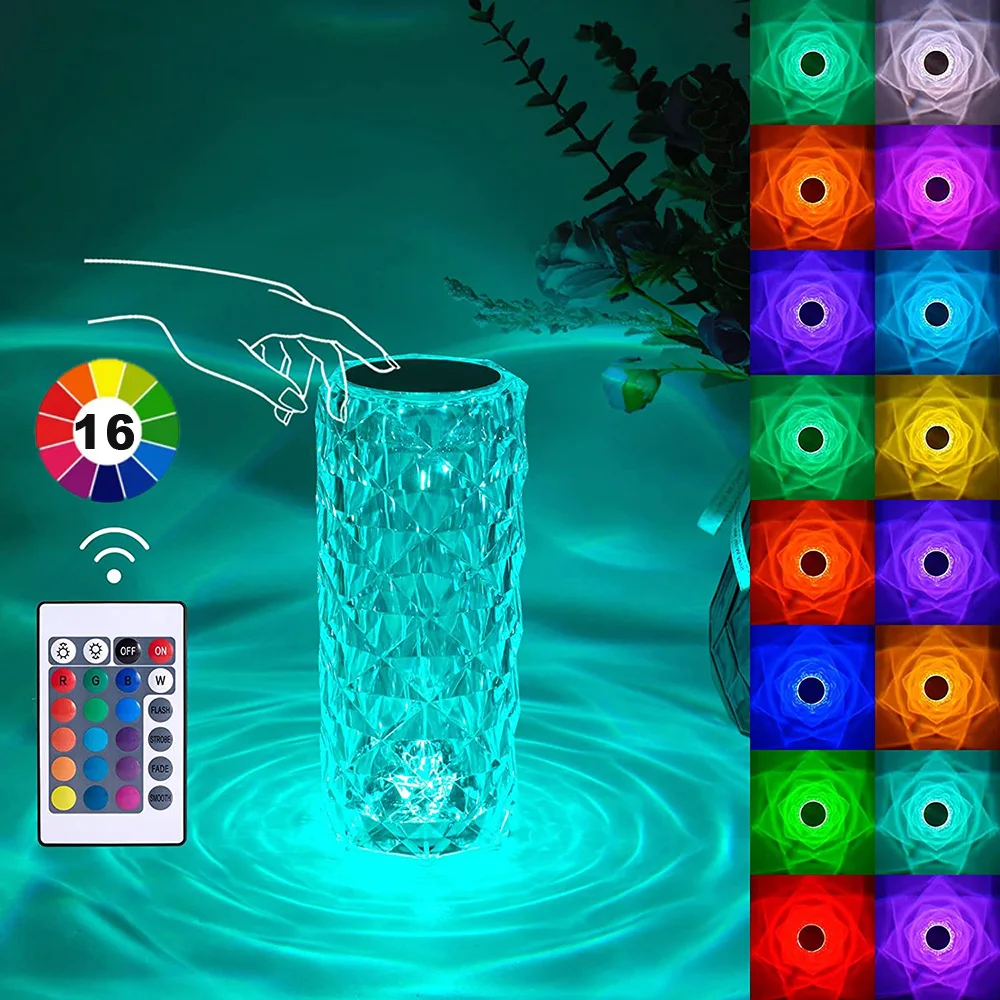 3/16 Colors Crystal Rose Table Lamp LED Rose Light Decoration Remote Control Romantic Diamond