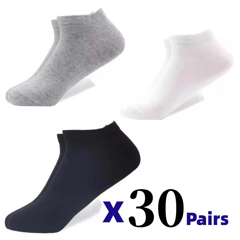 60Pcs/Lot=30Pairs Men's Socks Breathable Business Socks Black Boat Socks Casual Comfortable Solid Color Men's Ankle Wh