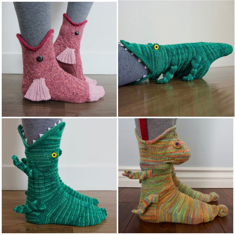 1Pair Creative Cartoon Animal Shape Socks Cute Design Knit Crocodile Socks Winter Warm Indoor Floor Socks Gifts