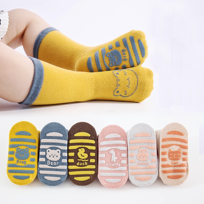 Baby Boys Girls Anti-Slip Cotton Socks Cute Cartoon Animals Toddlers Non Skid Grip Floor Calf Socks Spring
