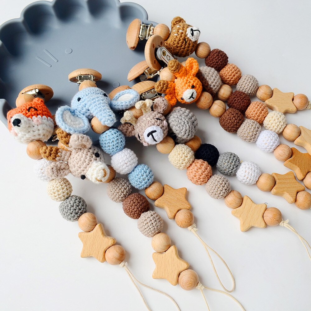 1PC Crochet Baby Pacifier Clip Chain BPA Free Handmade Wooden Beads Chain Clips Cute Animals Baby Teething Soother Decorations