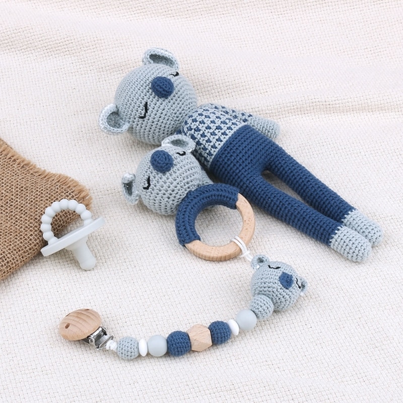 Pacifier Clip Crochet Rattle Teether Set Baby Gym Toy Infant Teething Gift