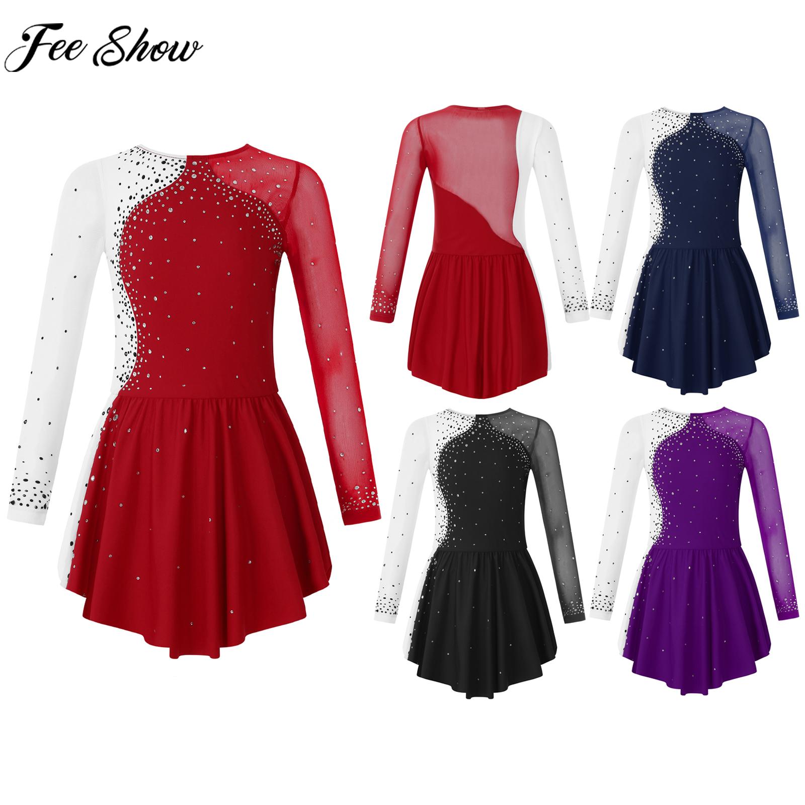 6-16Y Girls Figure Skating Dance Dress Ballet Gymnastics Leotard Long Sleeve Shiny Rhinestone Sheer Mesh Performance Dancewear