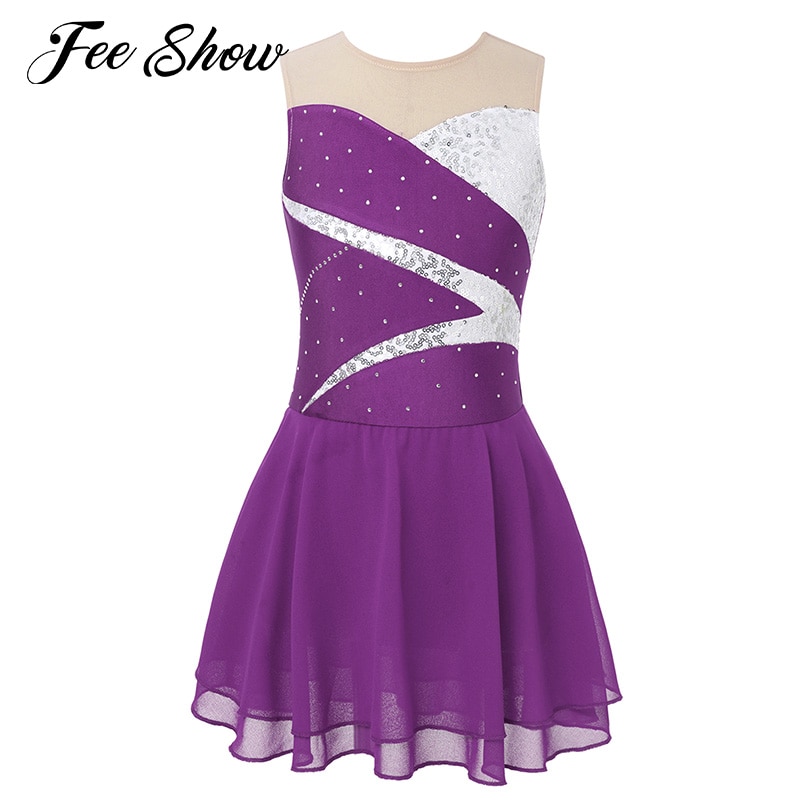 Teens Kids Girls Ballet Leotards Dress Sleeveless Round Neck Shiny Sequins Rhinestone Decorated Hollow Back Skating Dance Dress