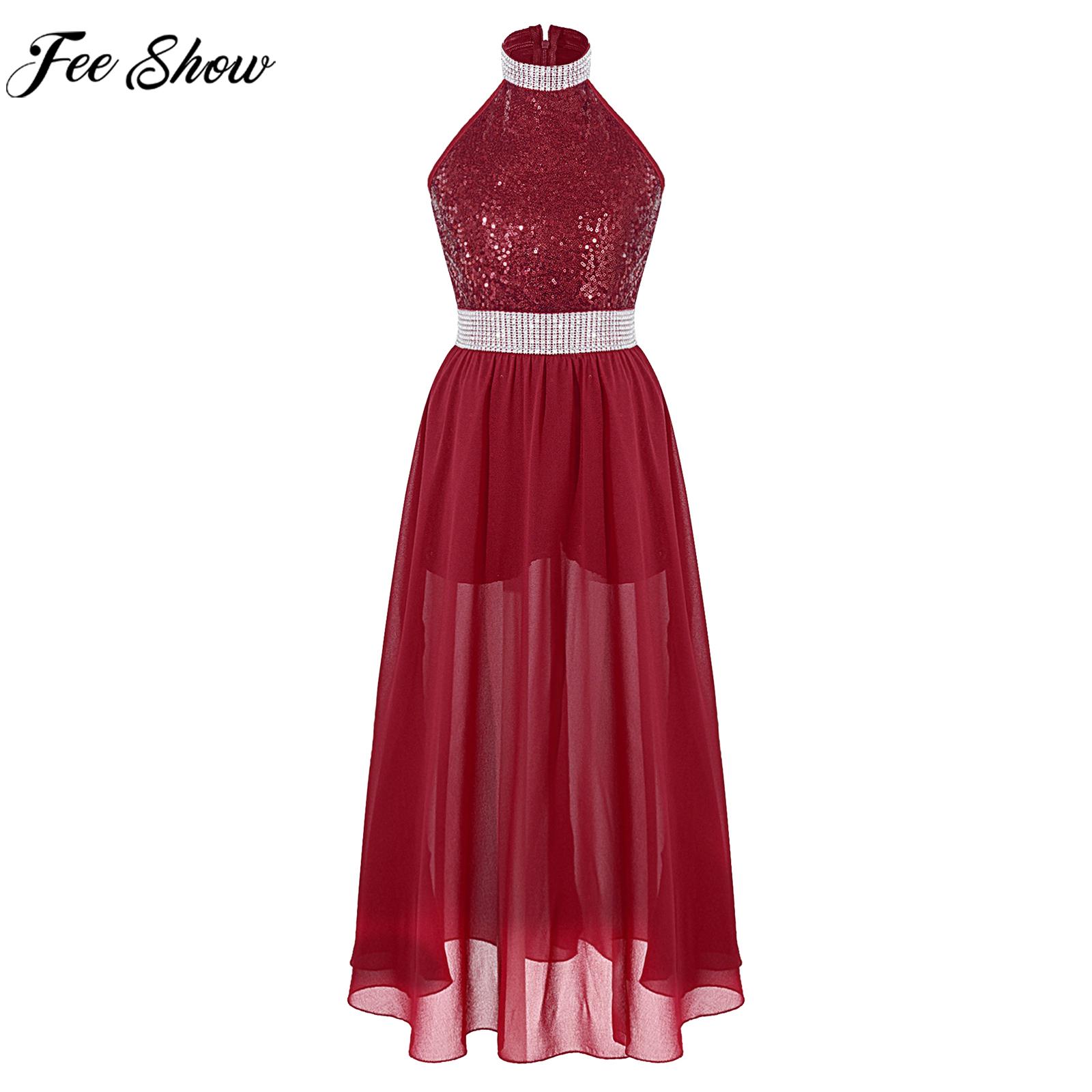 Children Girls Elegant Princess Party Dress Sleeveless Slit Chiffon Shiny Sequin Wedding Bridesmaid Birthday Prom Jumpsuit Dress