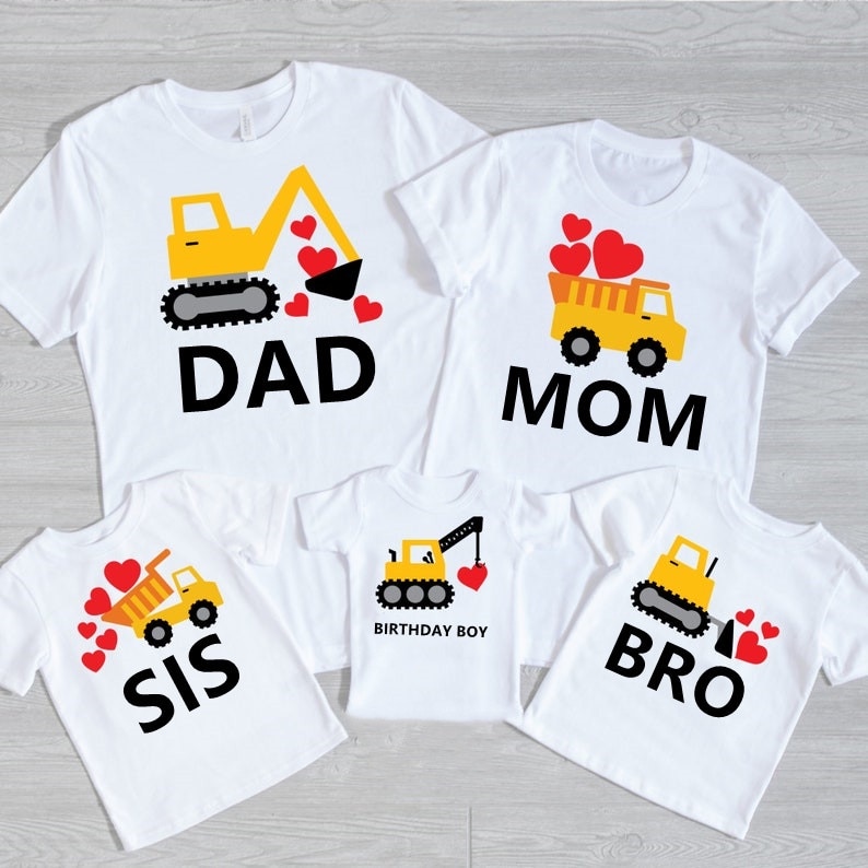 Family Construction Set Shirts Love Valentine Bulldozer Excavator Dump Truck Print Matching Tshirts White Outfits Party Clothes
