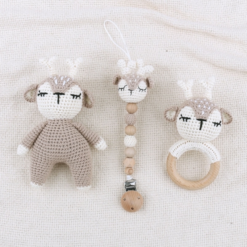 Baby Cotton Pacifier Chain Crochet Deer Animal Raffle-Bell Eco-fdriendly Pacifier Clip Teething Circle Set