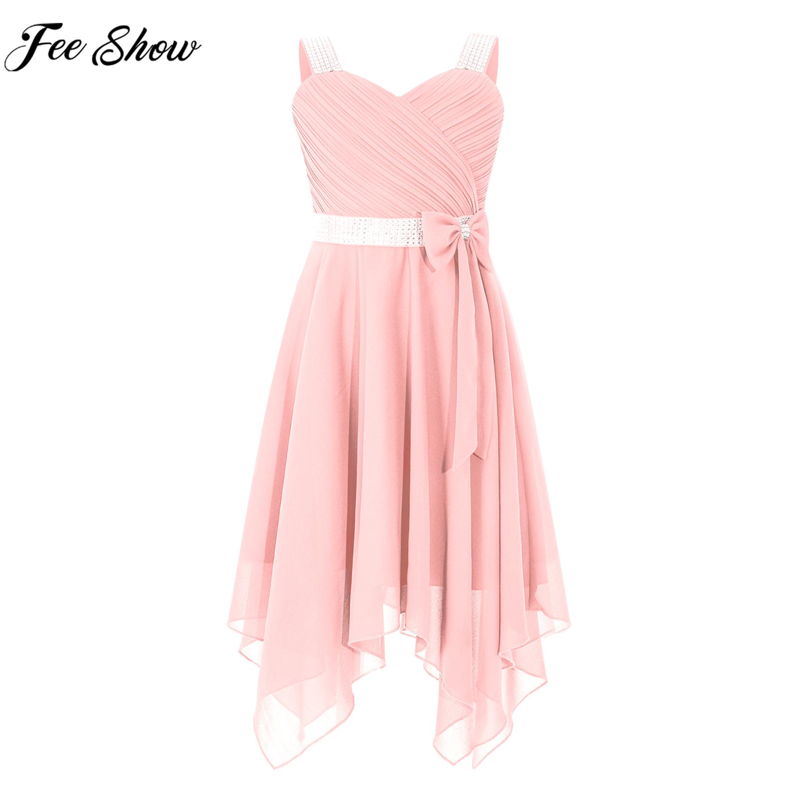Teens Girls Elegant Chiffon Birthday Party Dress Shiny Ruched Asymmetrical Hem Princess Dress with Sash Wedding Bridesmaid Dress