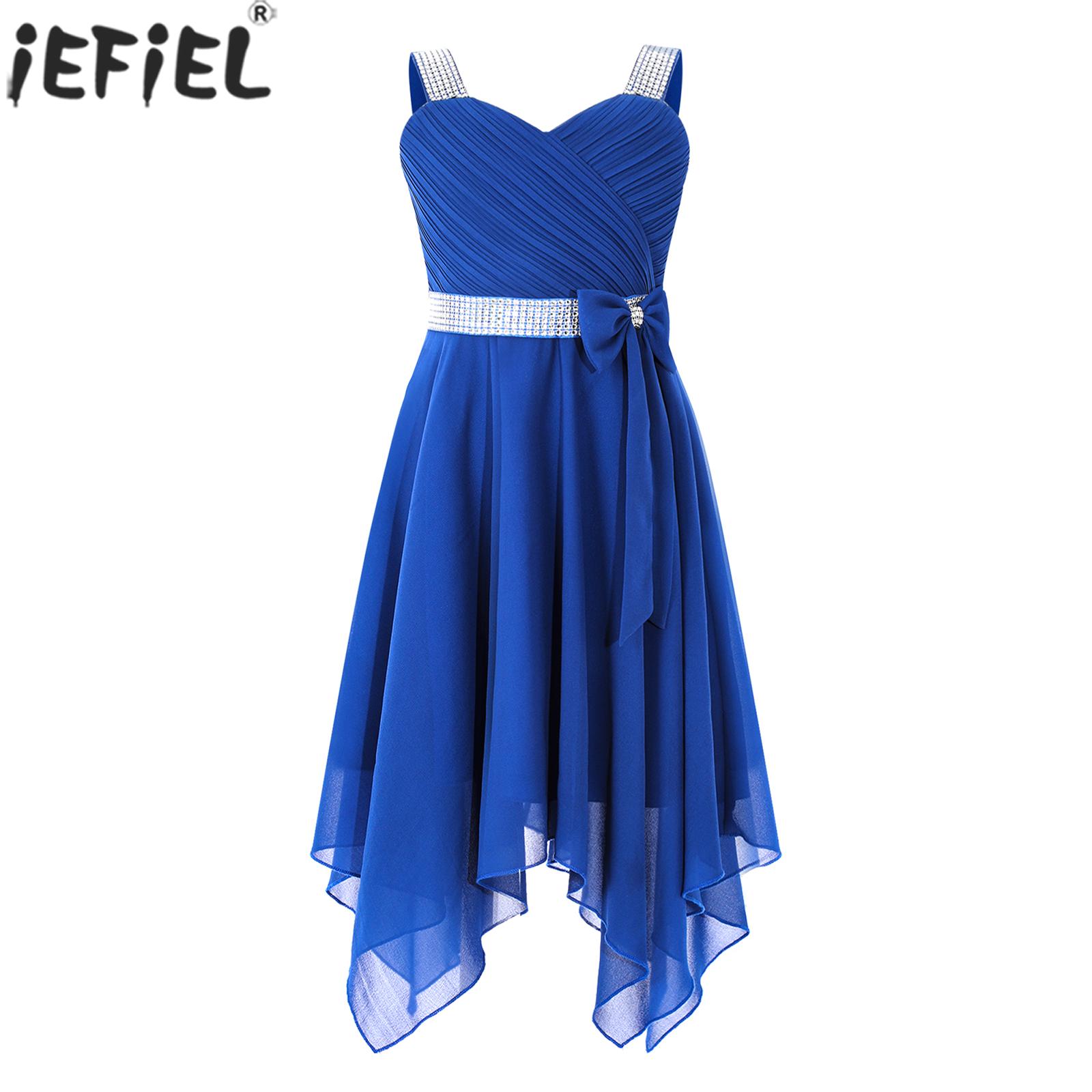 Child Girls Elegant Princess Party Dress Birthday Pageant Wedding Bridesmaid Dress Shiny Asymmetrical Hem Chiffon Gown with Sash