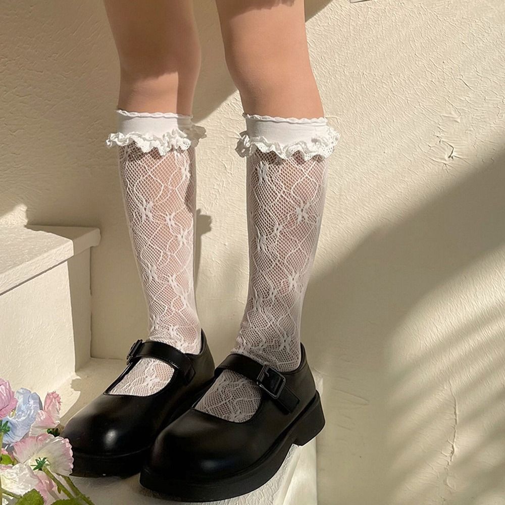 Girls Calf Socks Baby Girls Ruffle Lace Knee High Socks Summer Breathable Jacquard Princess Socks