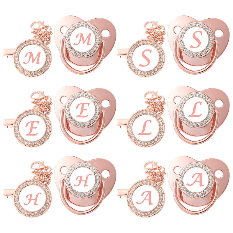 Rose Golden Bling Baby Pacifier Clip 26 Alphabet Letter Infant Pacifier Gold Letter Unique Name Initials Baby Shower Gifts
