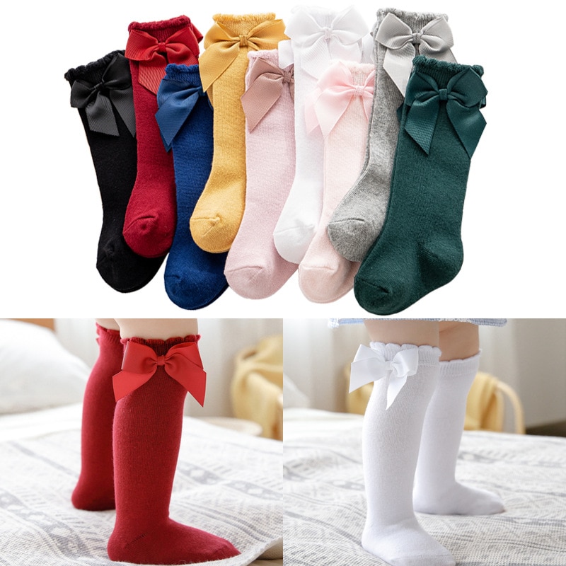 0-7Years Cotton Kids Girls Socks with Bows Knee High Children Princess Socks for Girls Toddler Baby Long Sock Autumn New