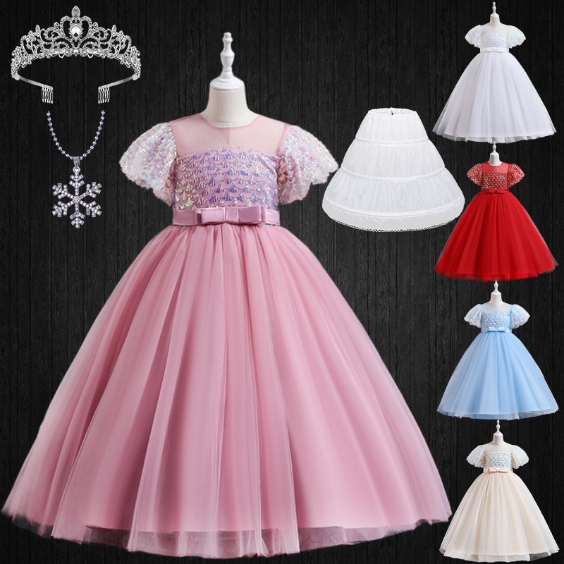 Formal Occasion Girls Puff Sleeve Sequin Long Bridesmaid Wedding Party Dresses Luxury Children's Graduation Ceremony Costum