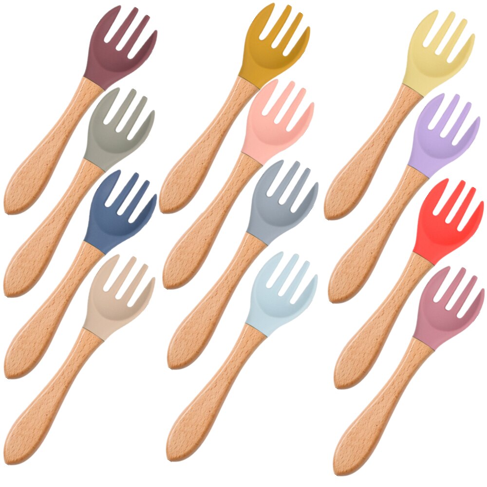 Soft Silicone Fork Candy Color Safety Baby Learning Wood Fork Solid Feeding Utensils Children Kids Boy Girl Food Feeding Tool