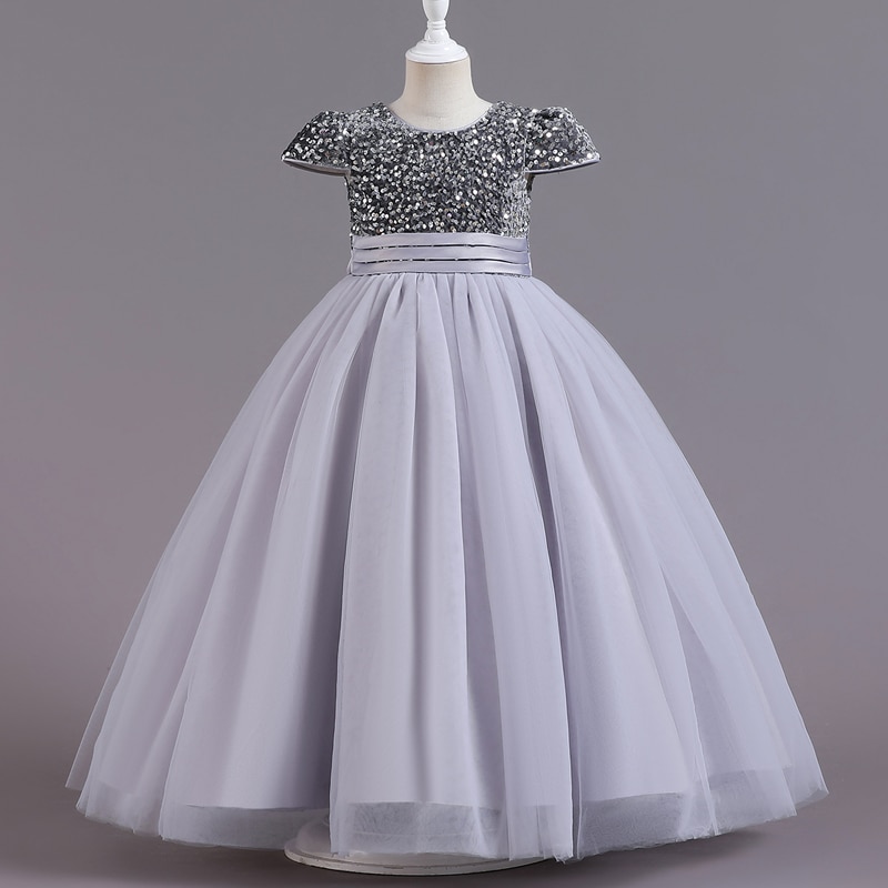 Girl dress dinner dress sequin mesh shaggy skirt short sleeved princess skirt piano performance dress evening dress C320