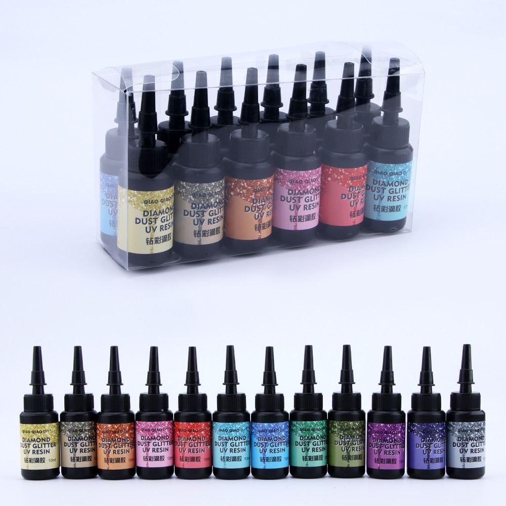 12/24pcs Color UV Resin Glue Kits Drill Flash Epoxy Resin UV Glue Set Ultraviolet Curing DIY Pearlescent Jewelry Making Supplies