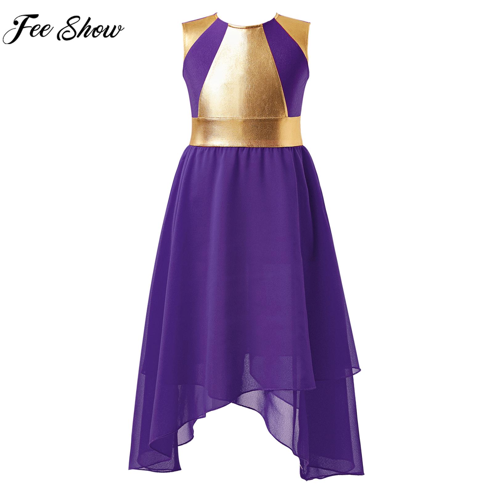 Kids Girls Lyrical Dance Dress Waltz Ballroom Choir Performance Costume Sleeveless Shiny Bronzing Cloth Irregular Hem Dresses
