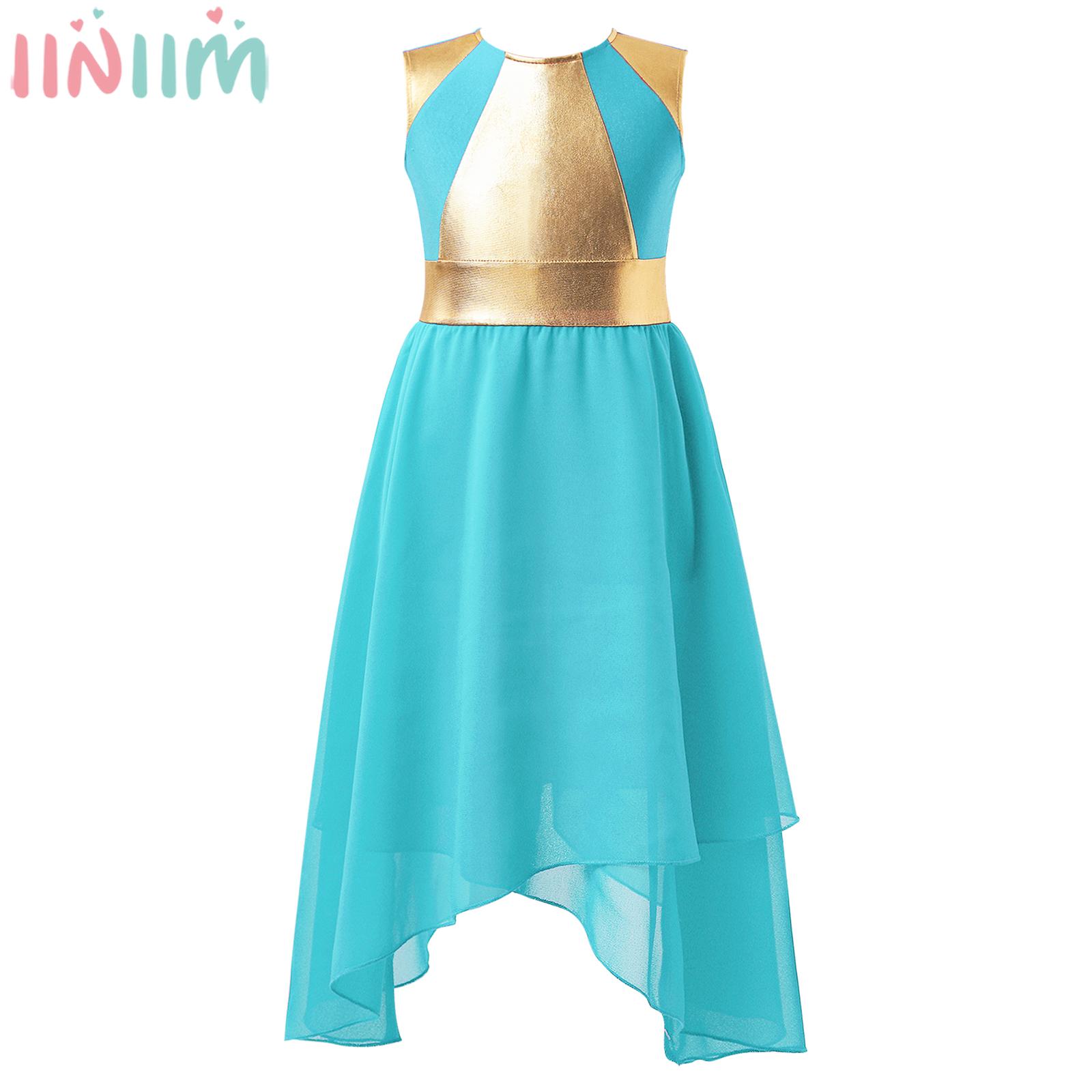 Children Girls Lyrical Dance Dress Sleeveless Shiny Bronzing Cloth Irregular Hem Dresses Dancewear for Waltz Ballroom Choir